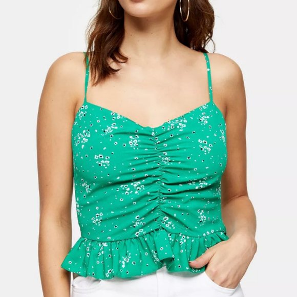 Topshop Green Floral Print Peplum Cami - Sz 6 - Picture 3 of 5